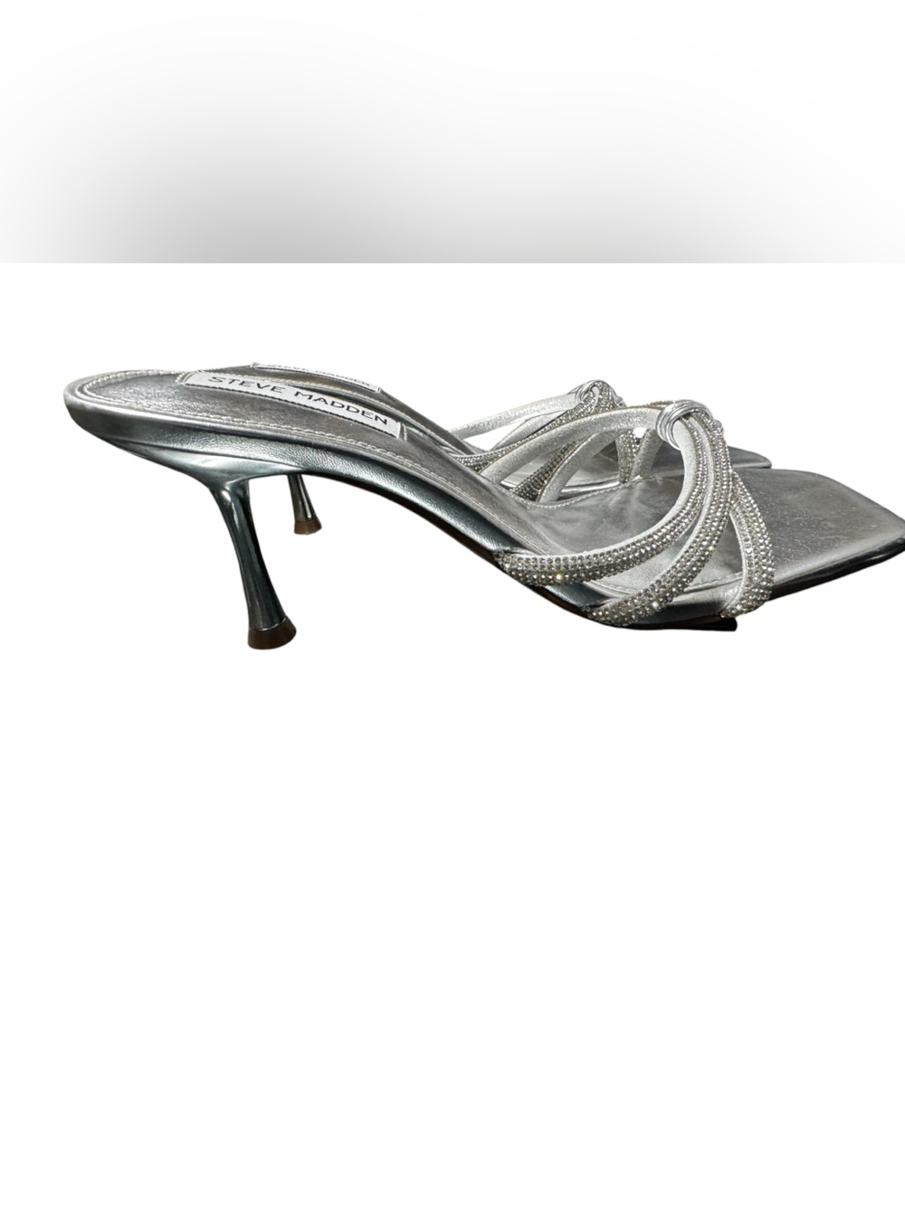 Steve Madden Silver Rhinestone Knotted Strappy Kitten Heel Mule Sandal Size 7.5 - Picture 6 of 9